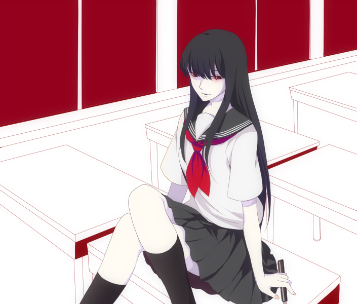 harano, iwashita akemi, souma mitsuko (battle royale), battle royale, gakkou de atta kowai hanashi, school terror story, 1girl, black hair, black socks, blunt bangs, classroom, desk, female focus, glowing, glowing eyes, hime cut, kneehighs, long hair, pale skin, pleated skirt, red eyes, school, school uniform, serafuku, sitting, skirt, socks, solo, weapon