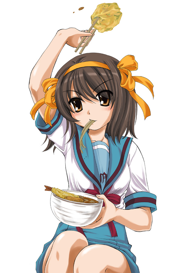 wan'yan aguda, suzumiya haruhi, suzumiya haruhi no yuuutsu, 00s, 1girl, arm up, chopsticks, eating, female focus, food, food in mouth, noodles, ramen, school uniform, serafuku, shrimp, shrimp tempura, solo, tempura