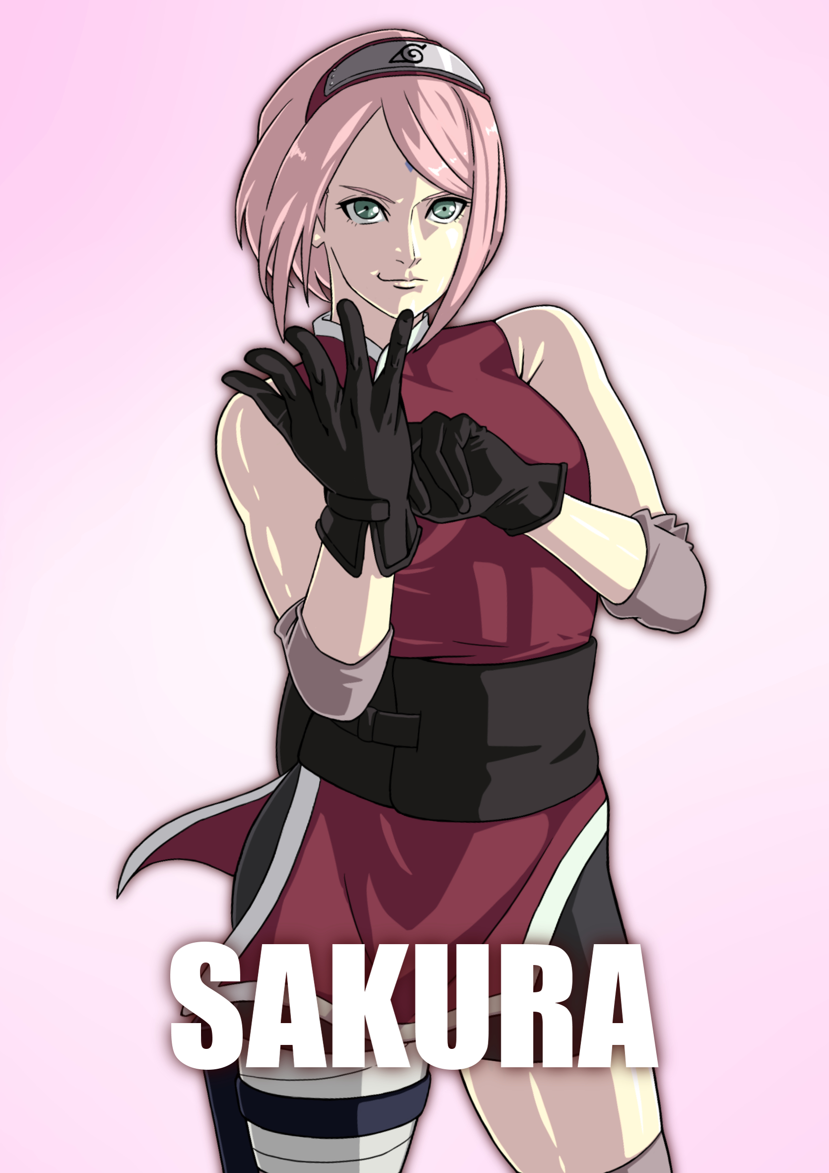 saburo des, haruno sakura, naruto: the last, naruto (series), commentary request, highres, 1girl, adjusting clothes, adjusting gloves, black gloves, breasts, character name, cowboy shot, facial mark, forehead mark, forehead protector, gloves, green eyes, hairband, konohagakure symbol, pink hair, pouch, red hairband, short hair, short shorts, shorts, small breasts, smile, solo, thigh pouch, v-shaped eyebrows