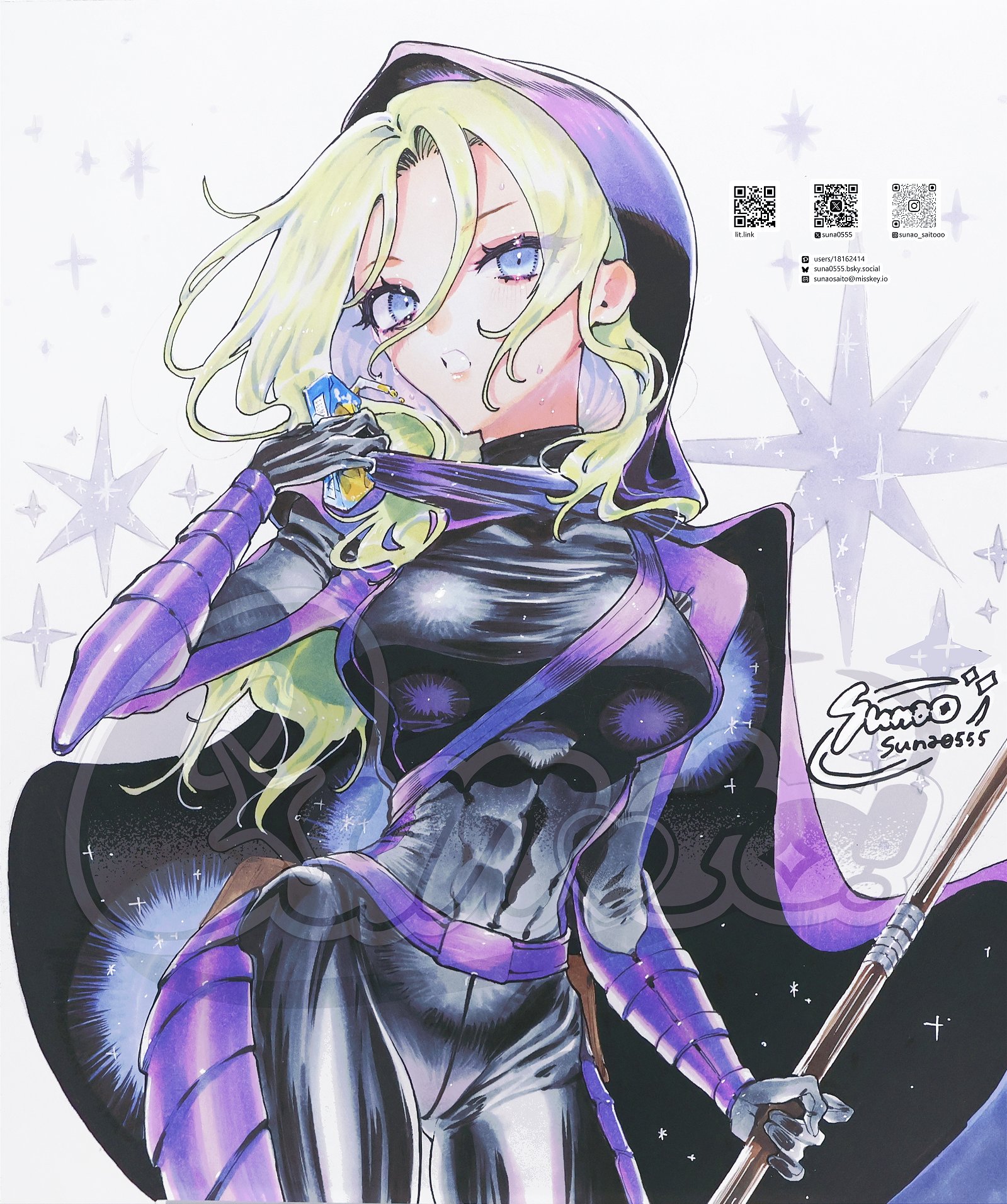 sunao saito, spoiler (dc), stephanie brown, batman (series), dc comics, commentary, hashtag-only commentary, highres, symbol-only commentary, 1girl, animification, black bodysuit, black cape, black gloves, blonde hair, blue eyes, bodysuit, cape, covered abs, cowboy shot, gloves, holding, holding juice box, holding staff, hood, hood up, hooded bodysuit, juice box, long hair, looking at viewer, multicolored bodysuit, purple bodysuit, purple cape, qr code, sample watermark, solo, sparkle, staff, superhero costume, sweatdrop, toned, toned female, two-sided cape, two-sided fabric, two-tone bodysuit, watermark, white background