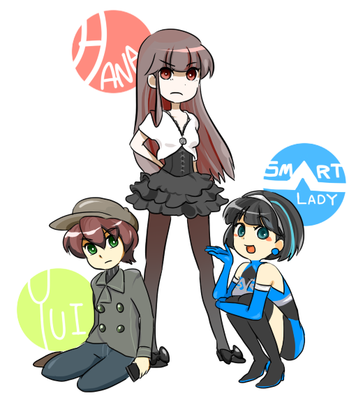 trash04, hana (kamen rider den-o), kanzaki yui, smart lady, kamen rider, kamen rider 555, kamen rider den-o (series), kamen rider ryuki (series), 1boy, 2girls, :d, baseball cap, black skirt, blunt bangs, full body, hat, looking at viewer, multiple girls, open mouth, pantyhose, shaded face, simple background, skirt, smile, squatting, standing, thighhighs, white background, zettai ryouiki