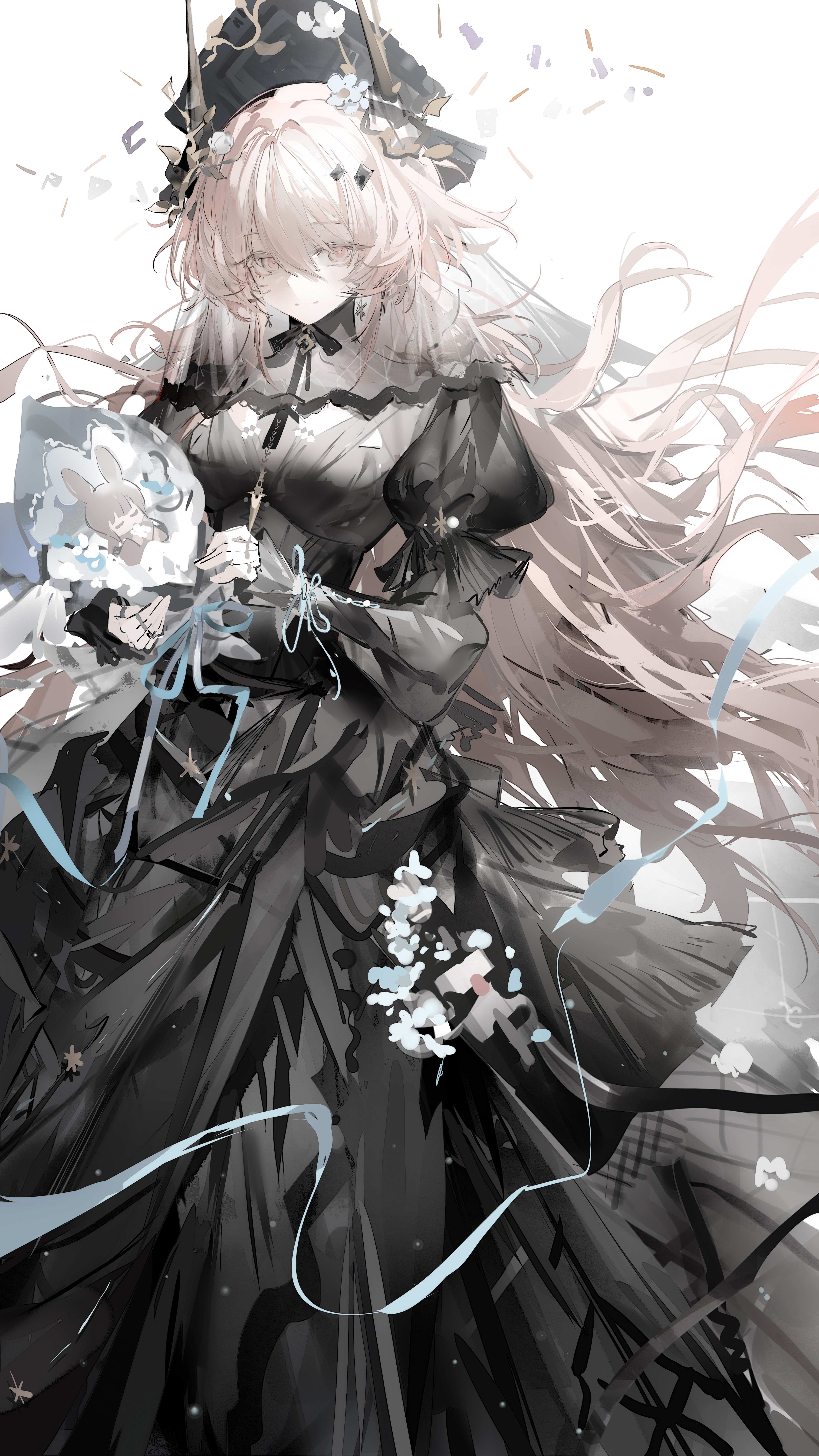 luozhou pile, amiya (arknights), theresa (arknights), arknights, absurdres, commentary, highres, 1girl, black dress, blue ribbon, breasts, dress, horns, juliet sleeves, light particles, long hair, long sleeves, medium breasts, pink eyes, pink hair, puffy sleeves, ribbon, simple background, solo, white background