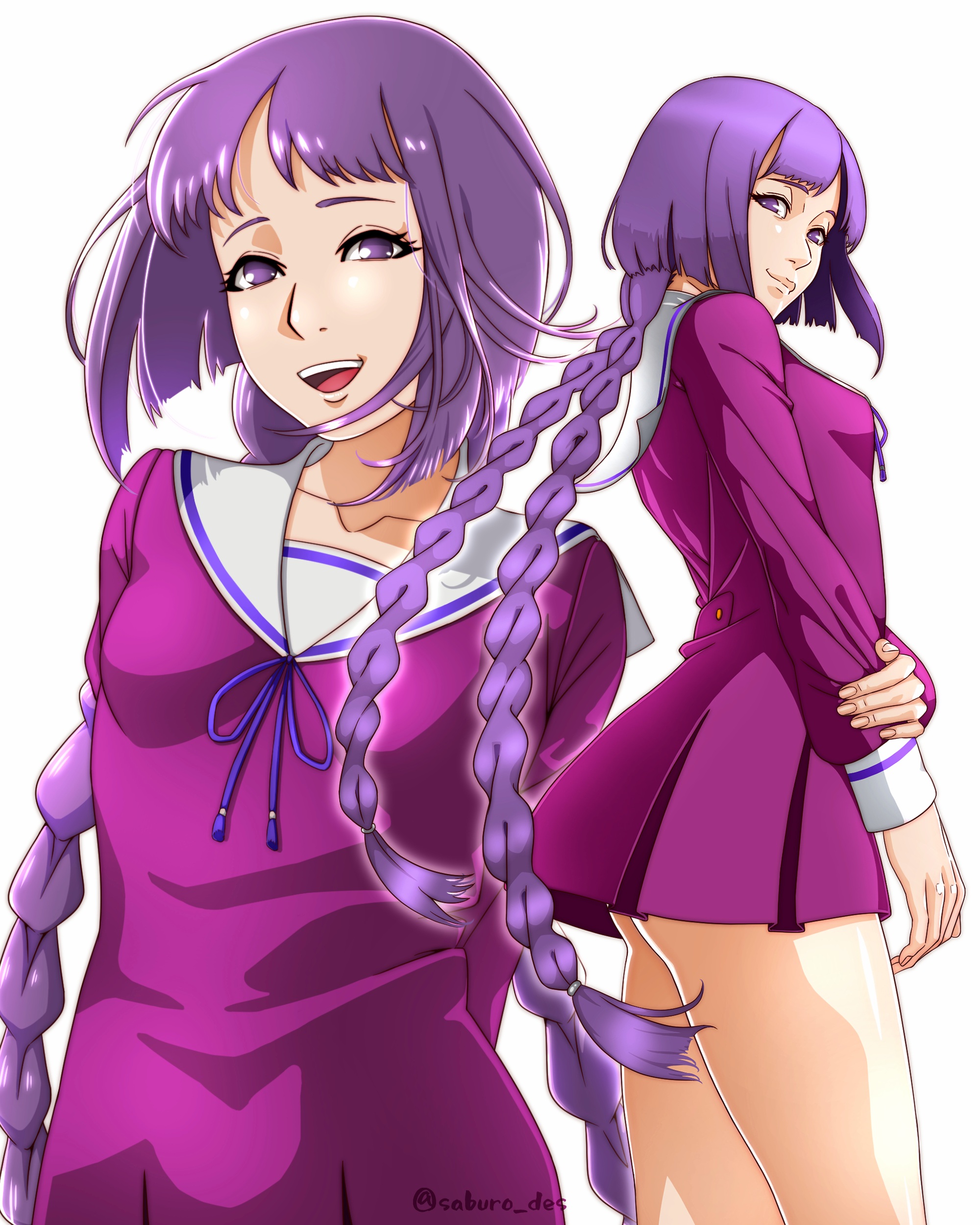 saburo des, kakei sumire, boruto: naruto next generations, naruto (series), absurdres, commentary request, highres, 1girl, arms behind back, ass, braid, breasts, dress, long hair, long sleeves, low twin braids, open mouth, pleated dress, purple dress, purple eyes, purple hair, short dress, short hair with long locks, small breasts, smile, twin braids, twitter username, very long hair