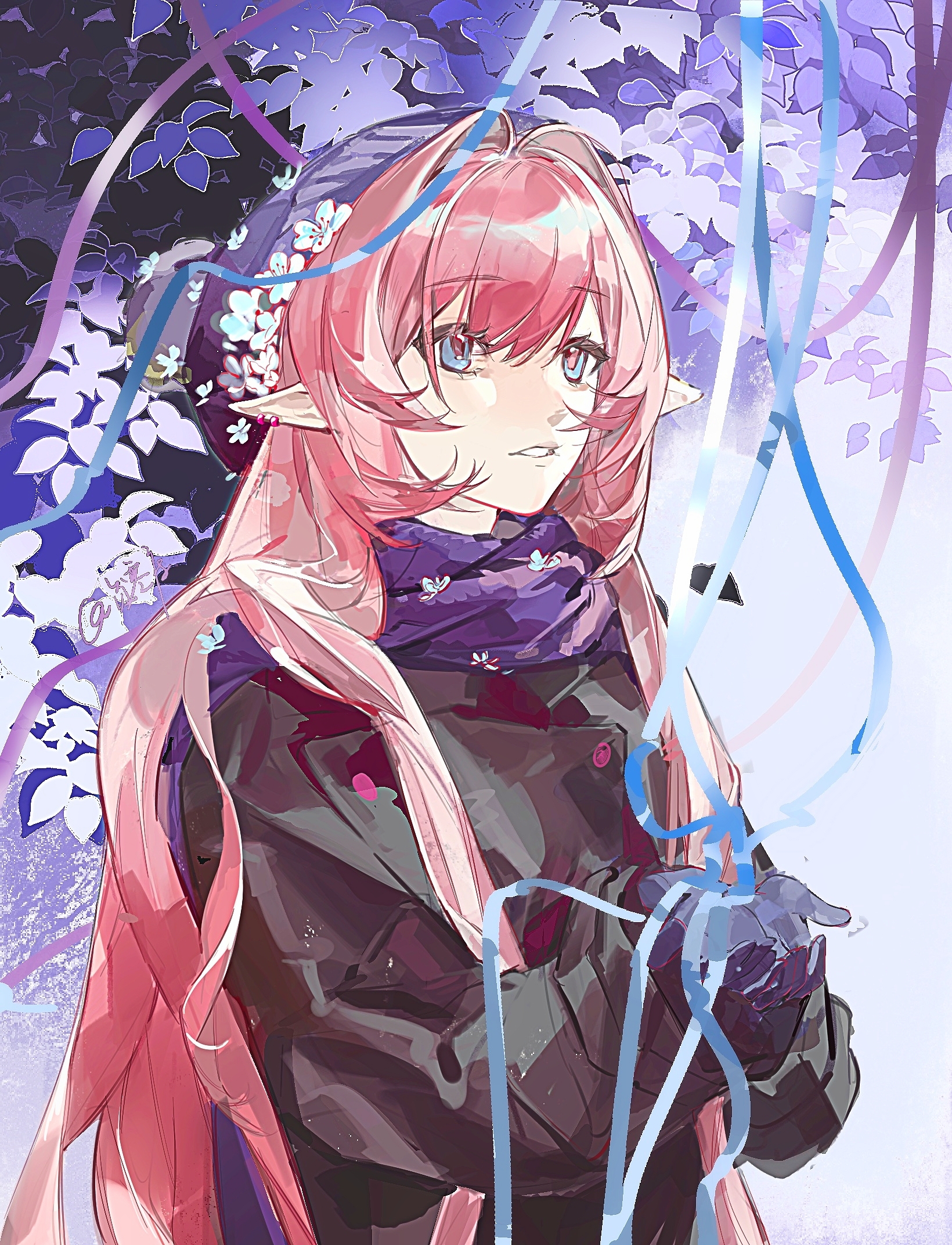 elysia (honkai impact), honkai (series), honkai impact 3rd, chinese commentary, commentary request, highres, 1girl, alternate costume, black coat, blue eyes, coat, elf, gloves, hat, long hair, parted lips, pink hair, pointy ears, purple gloves, purple hat, purple scarf, scarf, solo, very long hair, winter, winter clothes, winter coat, winter gloves, ye83360002
