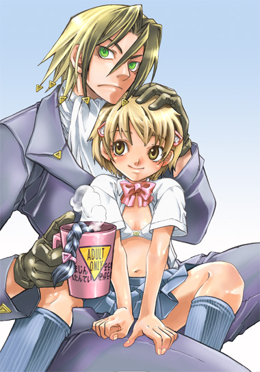 suika (suika-dokei), katsuragi yako, nougami neuro, majin tantei nougami neuro, 00s, 1boy, 1girl, blonde hair, blouse, bow, bra, braid, coffee mug, couple, cup, flat chest, formal clothes, gloves, green eyes, hair ornament, hairclip, head rest, headpat, hetero, kneehighs, lingerie, loli, mug, open clothes, open shirt, shirt, short hair, sitting, sitting on lap, sitting on person, skirt, smile, socks, suit, underwear, yellow eyes