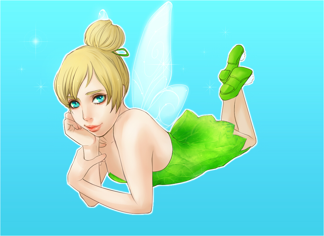 nachi007, tinker bell (disney), disney, walt disney's peter pan, bad id, bad pixiv id, 1girl, blonde hair, blue eyes, dress, eyeshadow, fairy, female focus, hair bun, hair ribbon, lips, lipstick, makeup, ribbon, shoes, single hair bun, smile, solo, wings
