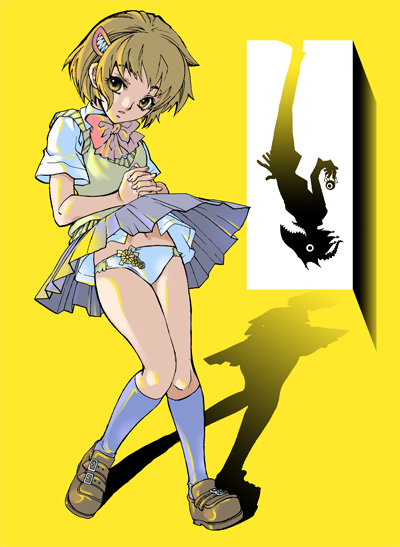 suika (suika-dokei), katsuragi yako, majin tantei nougami neuro, 00s, 1girl, blonde hair, door, female focus, hair ornament, hairclip, panties, school uniform, shadow, short hair, solo, sweater vest, underwear, upside-down, wind, wind lift