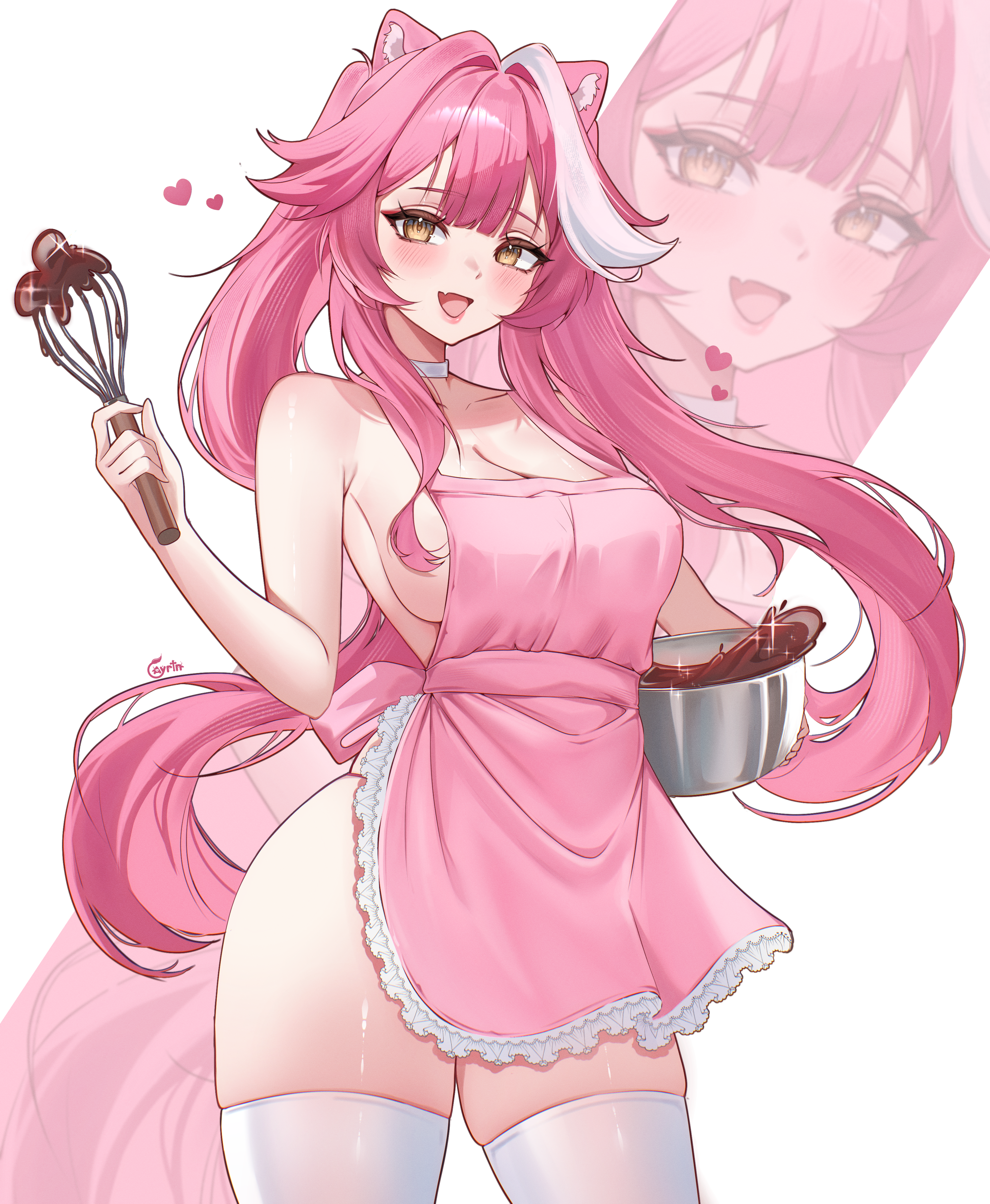 ayrinsama, raora panthera, hololive, hololive english, absurdres, commentary, english commentary, highres, 1girl, animal ears, apron, bowl, breasts, center-flap bangs, chocolate, choker, cleavage, double-parted bangs, frilled apron, frills, holding, holding bowl, holding whisk, large breasts, long hair, long sidelocks, multicolored hair, naked apron, panther ears, panther girl, panther tail, pink apron, pink hair, sidelocks, simple background, solo, streaked hair, tail, thighhighs, twintails, very long hair, virtual youtuber, whisk, white background, white choker, white streaks, white thighhighs, yellow eyes, zoom layer