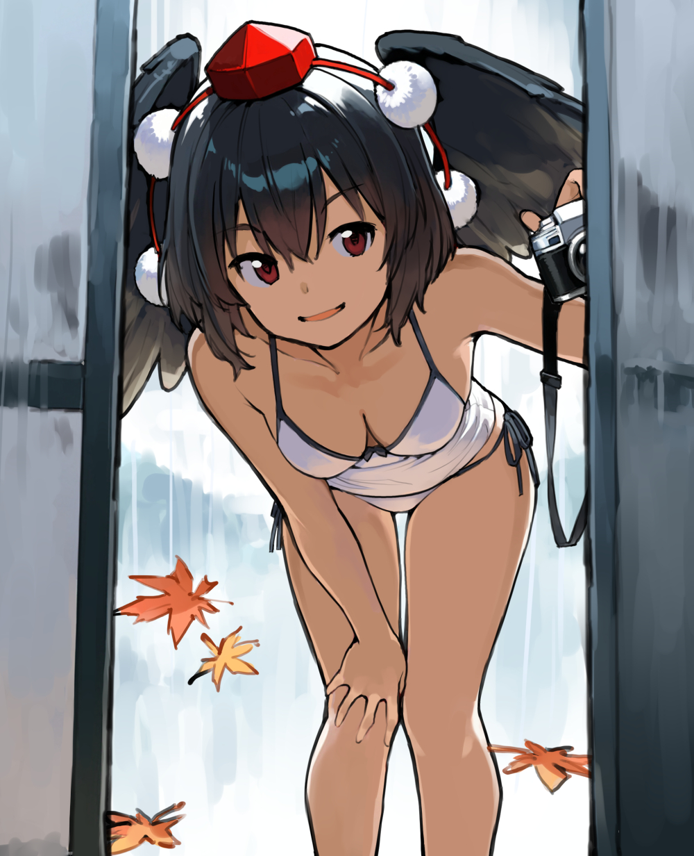 asakura maru, shameimaru aya, touhou, commentary request, highres, 1girl, :d, autumn leaves, bent over, black hair, black wings, breasts, camera, camisole, cowboy shot, hand on own knee, hat, holding, holding camera, leaf, looking at viewer, maple leaf, medium breasts, open mouth, panties, pom pom (clothes), red eyes, red hat, short hair, side-tie panties, smile, solo, spaghetti strap, tokin hat, underwear, white camisole, white panties, wings