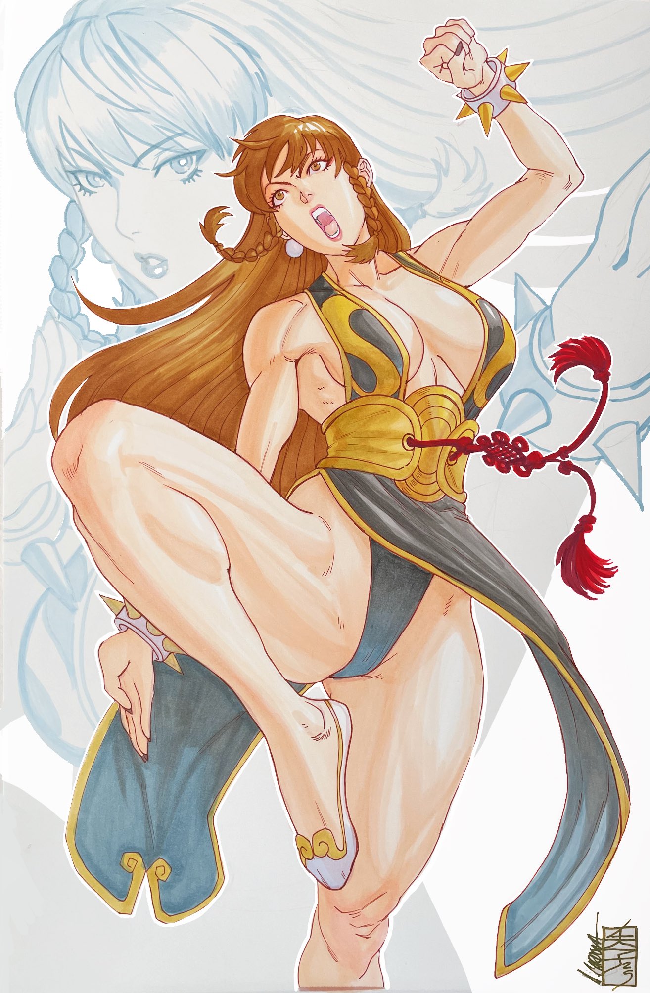 acecore2k, chun-li, capcom, street fighter, street fighter v, commentary, english commentary, highres, marker (medium), traditional media, 1girl, black nails, bracelet, braid, braided sidelocks, breasts, brown eyes, brown hair, chinese clothes, cleavage, floating clothes, floating hair, jewelry, knee up, large breasts, long hair, looking up, martial arts, multiple views, muscular, muscular female, official alternate costume, open mouth, pinup (style), sideboob, signature, solo, spiked bracelet, spikes, white background
