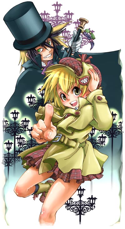 suika (suika-dokei), dr. jekyll, katsuragi yako, nougami neuro, sherlock holmes, majin tantei nougami neuro, the adventures of sherlock holmes, plaid headwear, 00s, 1boy, 1girl, blonde hair, brown eyes, cane, cape, coat, colored bangs, couple, detective, foreshortening, grin, hair ornament, hairclip, hat, hetero, lamppost, multicolored hair, newsboy cap, plaid clothes, plaid skirt, short hair, skirt, smile, top hat, trench coat, two-tone hair