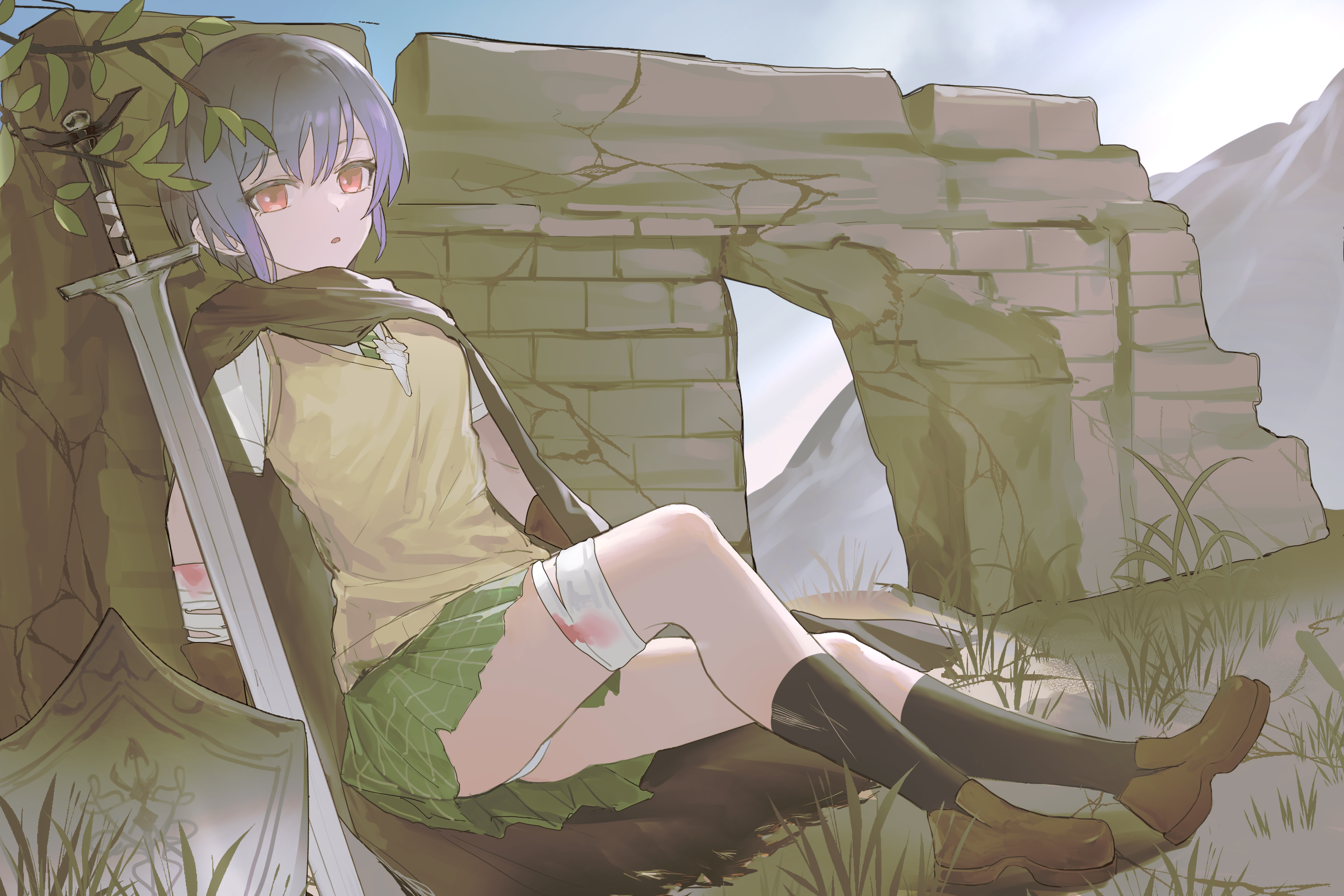 anli (jwcpp4sum0mgk5r), takamatsu tomori, bang dream!, bang dream! it's mygo!!!!!, chinese commentary, commentary request, highres, 1girl, bandages, black cape, black socks, brown shoes, brown sweater vest, cape, green skirt, grey hair, haneoka school uniform, injury, open mouth, outdoors, panties, pantyshot, pleated skirt, red eyes, ruins, school uniform, shirt, shoes, short hair, sitting, skirt, socks, solo, sweater vest, underwear, white panties, white shirt