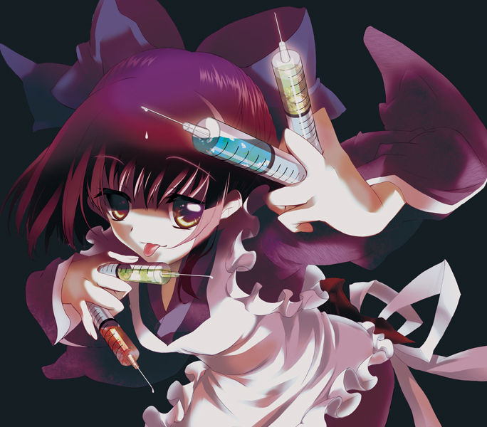 izumi (sachikara), kohaku (tsukihime), melty blood, tsukihime, bad id, bad pixiv id, 00s, :p, apron, japanese clothes, kimono, maid, maid apron, pink hair, ribbon, solo, syringe, tongue, tongue out, wa maid, yellow eyes