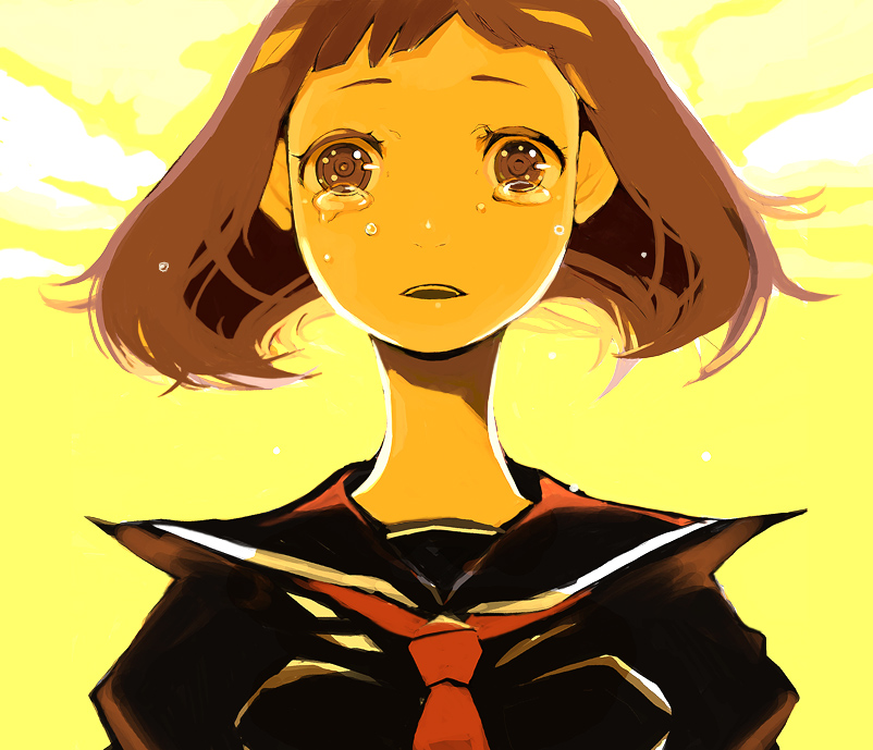 shirako mugi, brown eyes, brown hair, open mouth, school uniform, serafuku, short hair, solo, tears