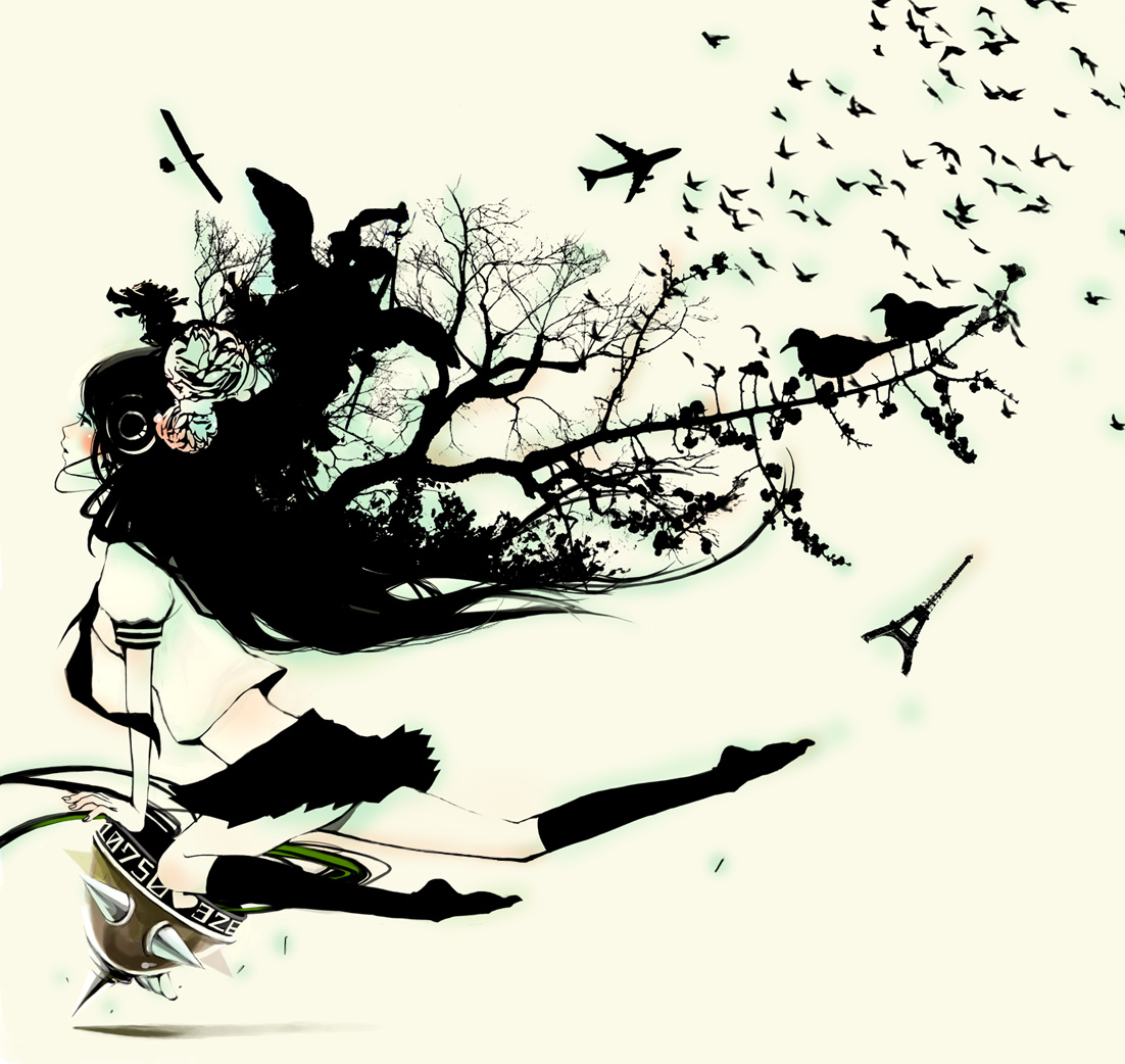 shirako mugi, 1girl, aircraft, airplane, animal, bird, blush, eiffel tower, female focus, flower, kneehighs, long hair, school uniform, socks, solo, tree