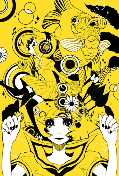 shirako mugi, fish, flower, headphones, music, musical note, nail polish, notes, school uniform, serafuku, short hair, smile, thighhighs, yellow theme