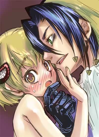 suika (suika-dokei), katsuragi yako, nougami neuro, majin tantei nougami neuro, 00s, 1boy, 1girl, blonde hair, blush, brown eyes, clothed male nude female, colored bangs, couple, grabbing another's chin, hand on another's chin, hetero, multicolored hair, nervous, nude, short hair, two-tone hair