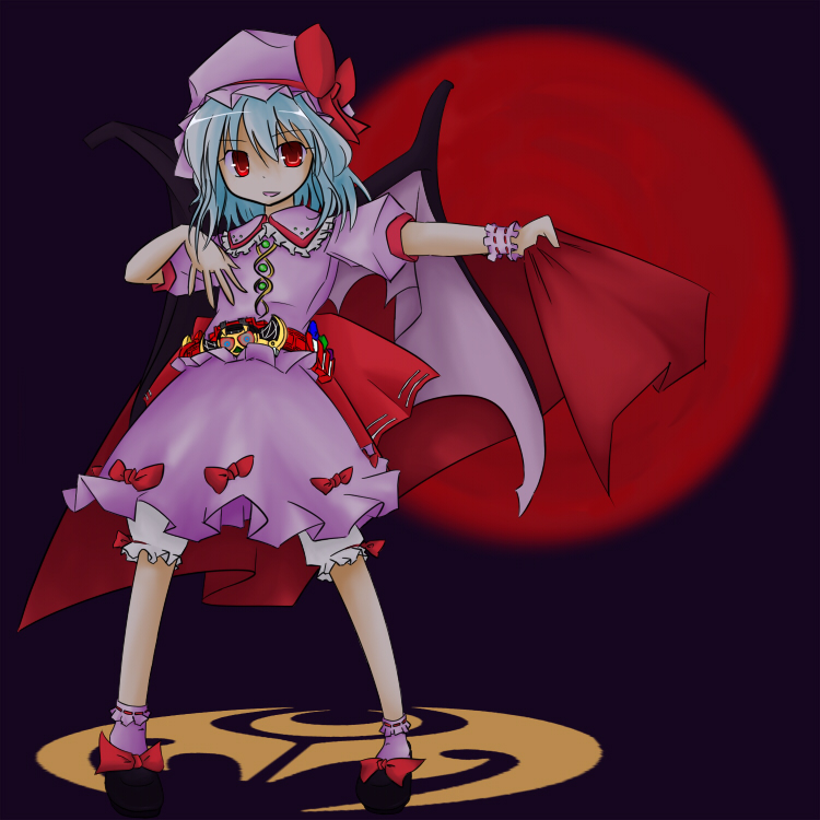 u-sya, kamen rider kiva, remilia scarlet, kamen rider, kamen rider kiva (series), touhou, 1girl, bat wings, belt, cape, female focus, full body, full moon, moon, parody, red moon, solo, standing, wings