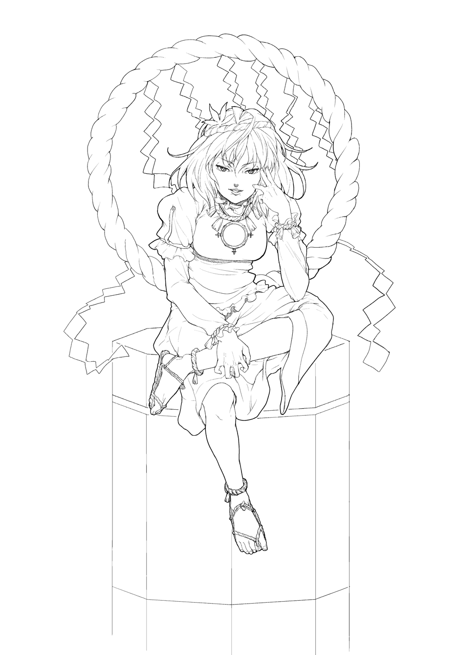 mizu, mizu exp, reiuji utsuho, yasaka kanako, touhou, highres, 1girl, female focus, greyscale, lineart, monochrome, sandals, solo