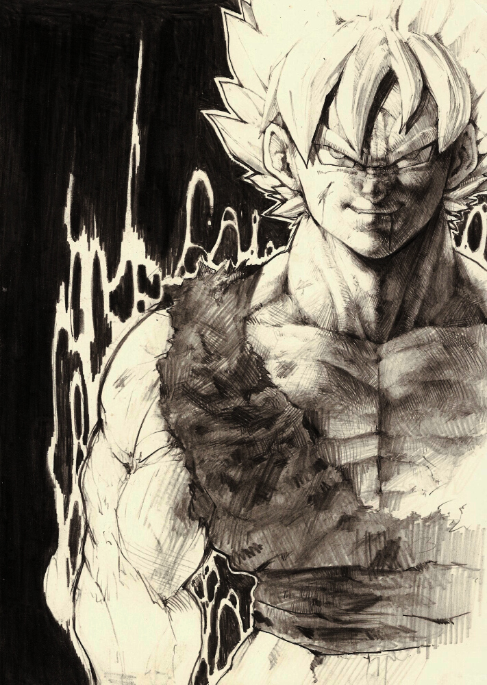koki (ryoushikiha), son goku, dragon ball, dragonball z, graphite (medium), traditional media, 1boy, alien, aura, blonde hair, blood, evil grin, evil smile, grin, hair up, male focus, manly, monochrome, muscular, sketch, smile, solo, super saiyan, super saiyan 1, torn clothes, yellow theme