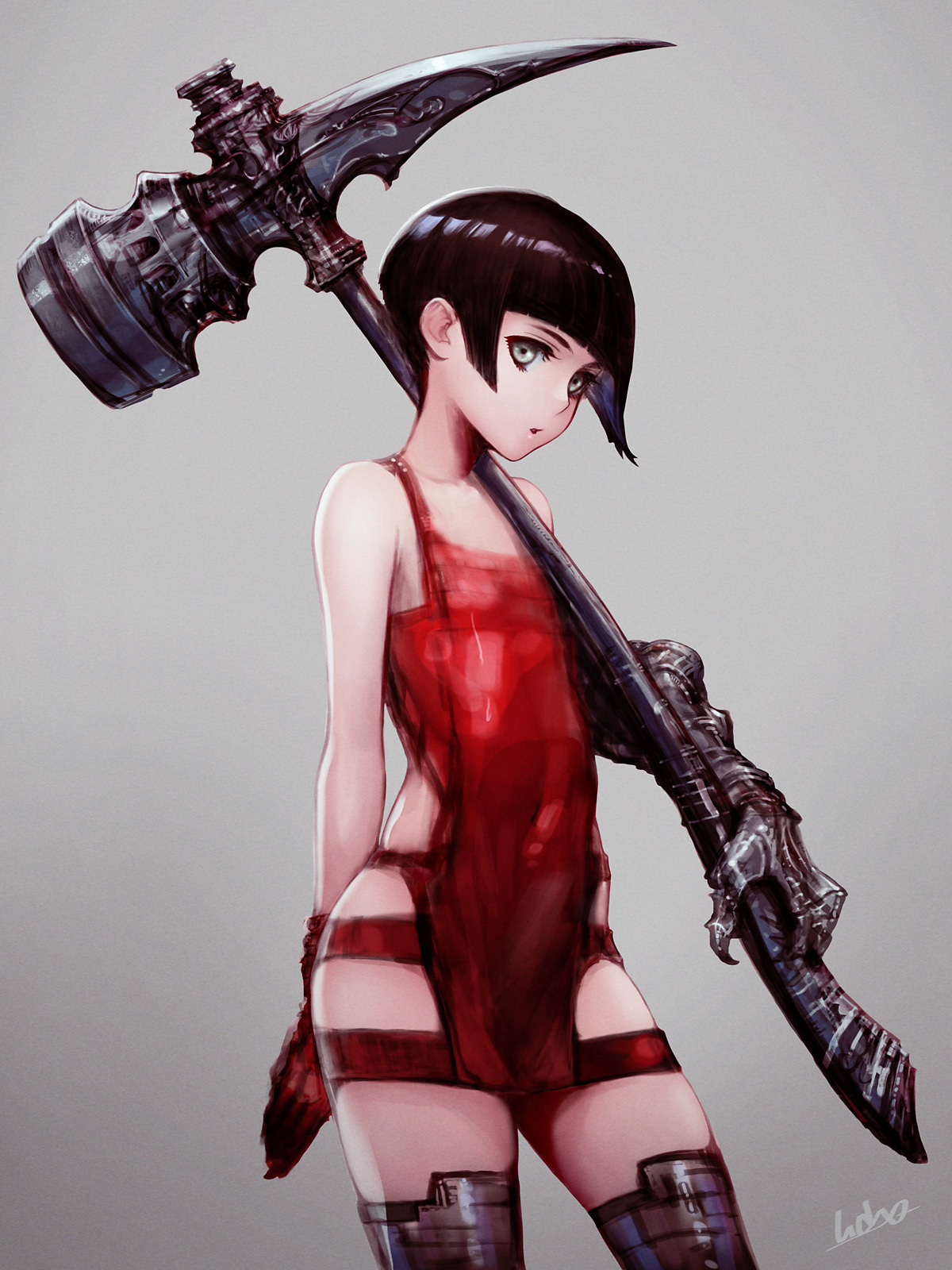 senda satoru, original, commentary, english commentary, highres, 1girl, armor, bare shoulders, blunt bangs, claws, clothing cutout, cowboy shot, dress, eyelashes, grey background, grey eyes, hammer, hip vent, holding, holding hammer, holding weapon, looking at viewer, open mouth, red dress, short hair, signature, simple background, solo, thigh cutout, very short hair, weapon