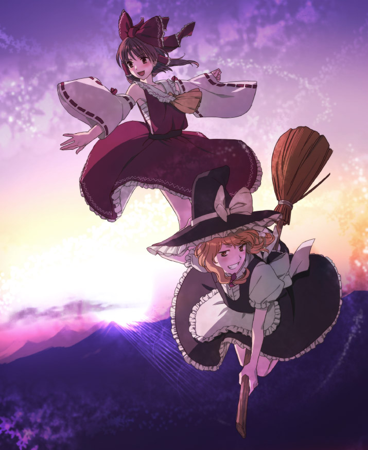 mitsugo, hakurei reimu, kirisame marisa, touhou, bad id, bad pixiv id, 2girls, blonde hair, broom, broom riding, detached sleeves, female focus, hat, japanese clothes, miko, multiple girls, sarashi, witch, witch hat