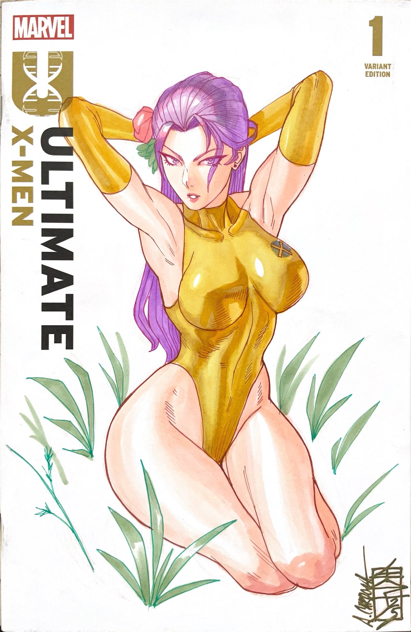 acecore2k, psylocke, psylocke (sai), marvel, marvel rivals, x-men, commentary, english commentary, highres, marker (medium), traditional media, 1girl, arms behind head, arms up, breasts, cover, cover sketch, earrings, elbow gloves, flower, gloves, gold gloves, gold leotard, hair flower, hair ornament, highleg, highleg leotard, jewelry, large breasts, leotard, long hair, looking at viewer, official alternate costume, parted lips, pink flower, purple eyes, purple hair, seiza, sitting, solo, stud earrings, white background