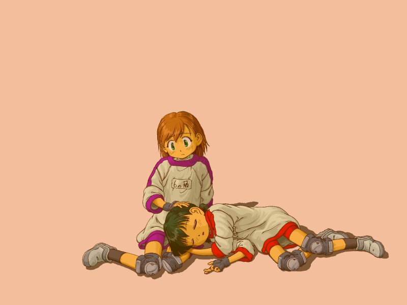 chack, kawamura kumi, ootani yuri, alien nine, 2girls, bike shorts, female focus, fingerless gloves, gloves, green eyes, hand on another's head, headpat, knee pads, lap pillow, multiple girls, short hair, simple background, sleeping, twintails