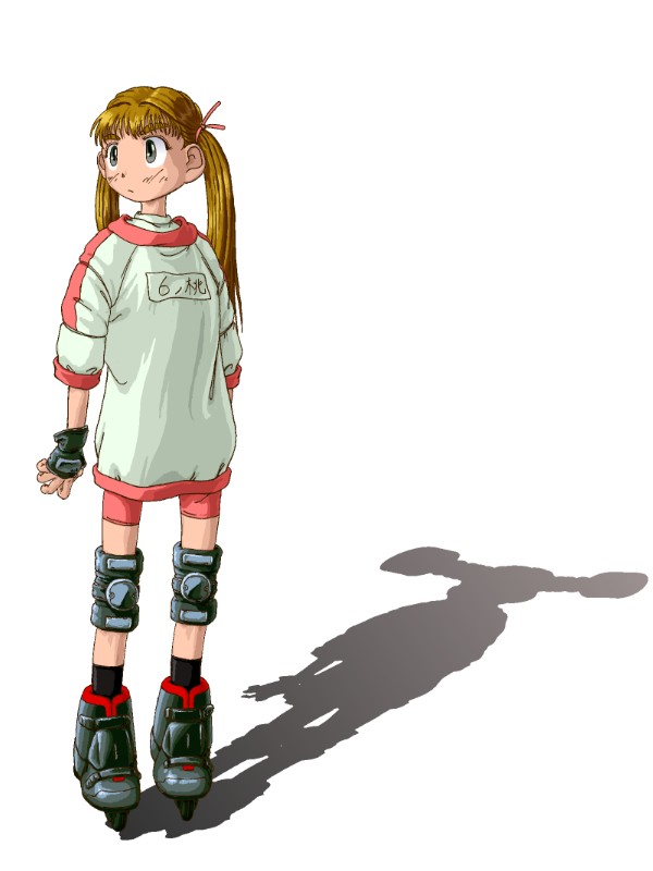 chack, tomine kasumi, alien nine, 1girl, bike shorts, blonde hair, different shadow, female focus, fingerless gloves, gloves, inline skates, long hair, roller skates, shadow, skates, sleeves rolled up, solo, standing, twintails