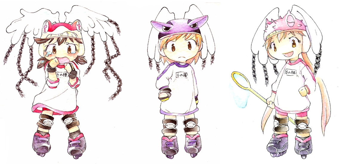 wabiru, borg (alien nine), kawamura kumi, ootani yuri, tomine kasumi, alien nine, 3girls, alien, bike shorts, blonde hair, brown eyes, brown hair, butterfly net, chibi, drill, fingerless gloves, gloves, hand net, inline skates, knee pads, long hair, multiple girls, net, roller skates, short hair, simple background, skates, tears, twintails, wings, yellow eyes