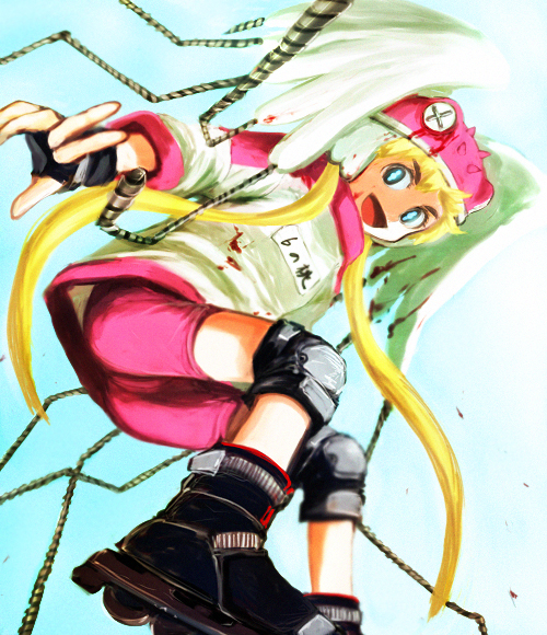 giba ryan, paccha, borg (alien nine), tomine kasumi, alien nine, 1girl, alien, bike shorts, blonde hair, female focus, fingerless gloves, gloves, inline skates, knee pads, long hair, roller skates, skates, solo, twintails