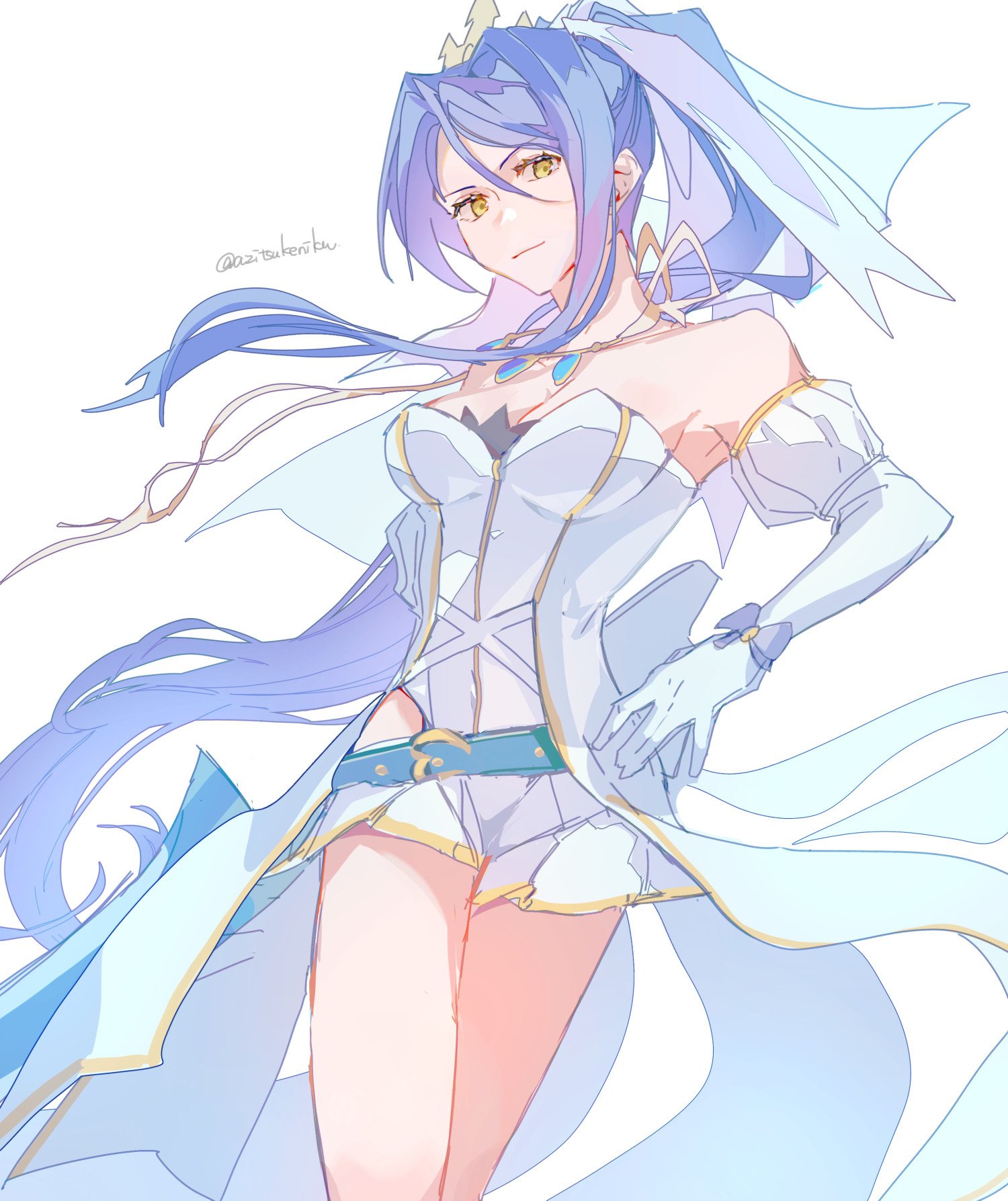 azitsukeniku, laura s. arseid, eiyuu densetsu, sen no kiseki, sen no kiseki (series), sen no kiseki iv, highres, 1girl, bare shoulders, blue hair, breasts, cleavage, detached sleeves, double-parted bangs, dress, elbow gloves, floating hair, gloves, hair between eyes, large breasts, long hair, ponytail, simple background, twitter username, veil, very long hair, white background, white dress, white gloves, wrist bow, yellow eyes