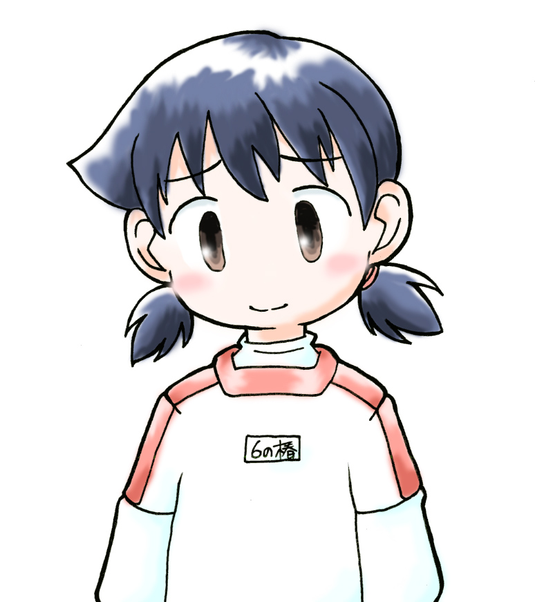 hozumiare, yuu (pixiv), ootani yuri, alien nine, bad id, bad pixiv id, 1girl, alien, black hair, brown eyes, female focus, simple background, smile, solo, twintails, white background