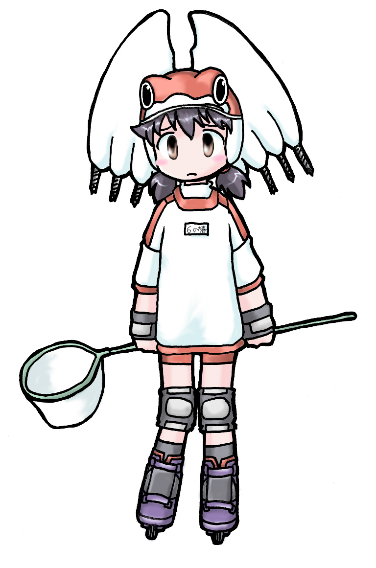 hozumiare, yuu (pixiv), borg (alien nine), ootani yuri, alien nine, bad id, bad pixiv id, 1girl, alien, bike shorts, brown eyes, brown hair, butterfly net, drill, female focus, fingerless gloves, gloves, hand net, inline skates, knee pads, net, roller skates, simple background, skates, solo, twintails, wings