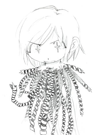 wabiru, kawamura kumi, alien nine, graphite (medium), lowres, spoilers, traditional media, drill, greyscale, monochrome, severed head, short hair, solo