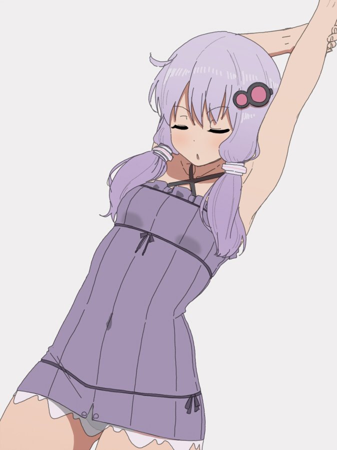 elel185, yuzuki yukari, voiceroid, commentary request, 1girl, arms up, braid, breasts, covered navel, cowboy shot, dress, gluteal fold, halterneck, low twin braids, microdress, purple dress, purple hair, ribbed sweater, small breasts, solo, stretching, sweater, twin braids