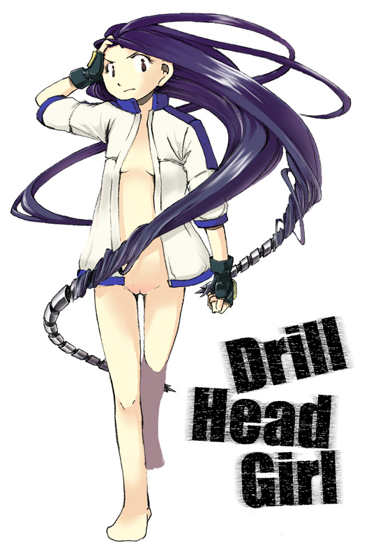 wabiru, komai monami, alien nine, alien nine emulators, 1girl, angry, drill, drill hair, female focus, fingerless gloves, full body, gloves, long hair, naked shirt, no panties, open clothes, open shirt, shirt, simple background, solo, walking, white background