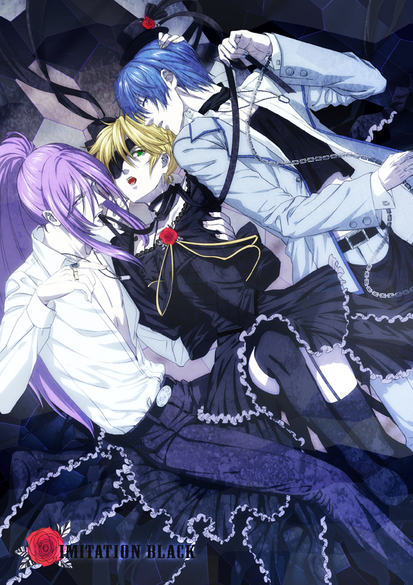 okojo (qqww), kagamine len, kaito (vocaloid), kamui gakupo, imitation black (vocaloid), vocaloid, bad id, bad pixiv id, 3boys, black dress, blonde hair, blue eyes, blue hair, chain, crossdressing, crossdressing (mtf), dress, eyepatch, flower, green eyes, hair ribbon, hat, long hair, male focus, mini hat, mini top hat, multiple boys, ponytail, purple hair, ribbon, rose, short hair, thighhighs, top hat, trap
