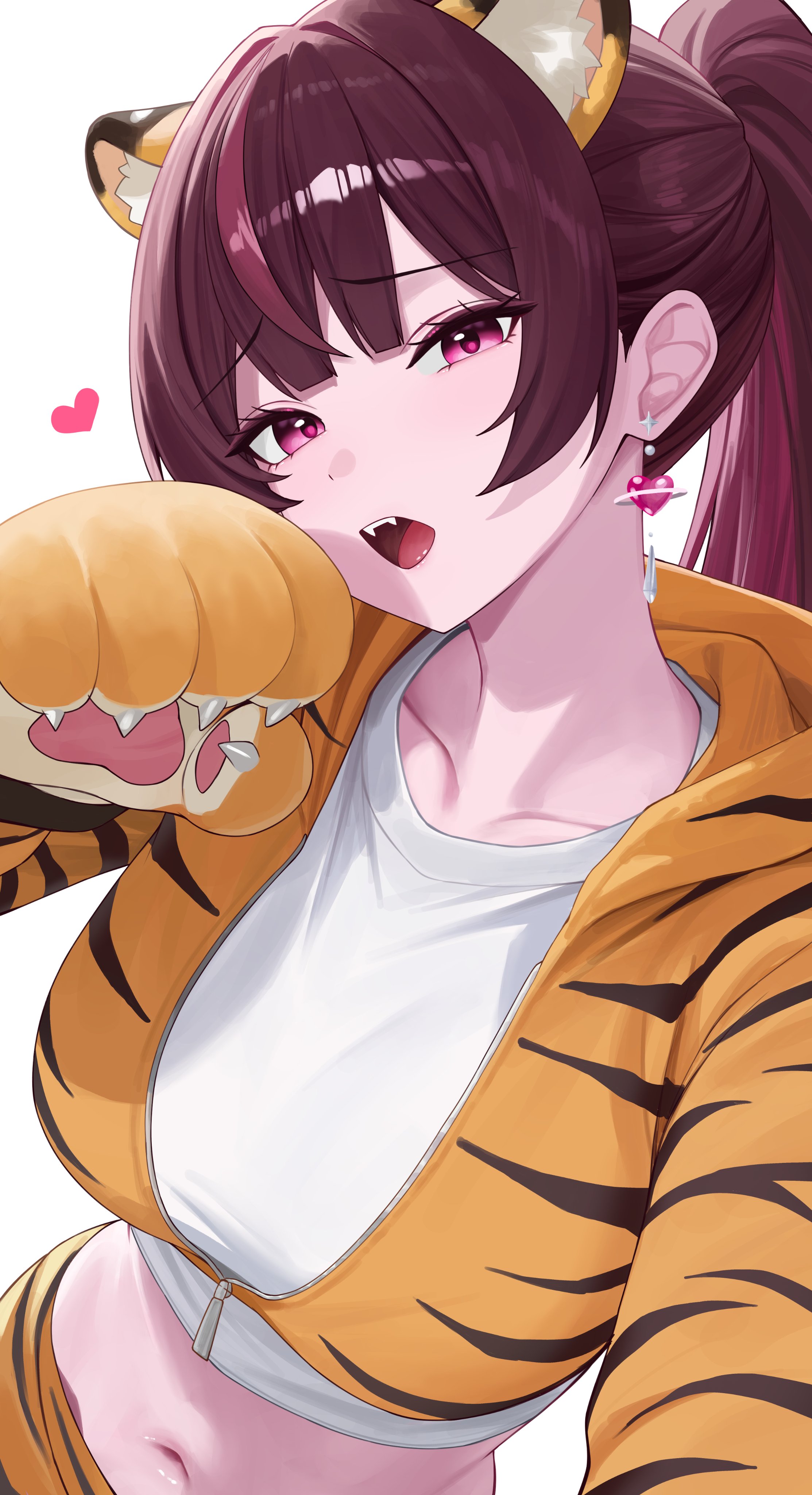 sei (0724sei6), jururu, waktaverse, absurdres, highres, 1girl, animal ears, animal hands, breasts, crop top, cropped jacket, earrings, extra ears, fangs, gloves, hood, hood down, jacket, jewelry, leopard ears, long hair, long sleeves, looking at viewer, medium breasts, midriff, multicolored hair, navel, open mouth, orange jacket, paw gloves, ponytail, purple eyes, purple hair, shirt, simple background, solo, stomach, streaked hair, upper body, virtual youtuber, white background, white shirt