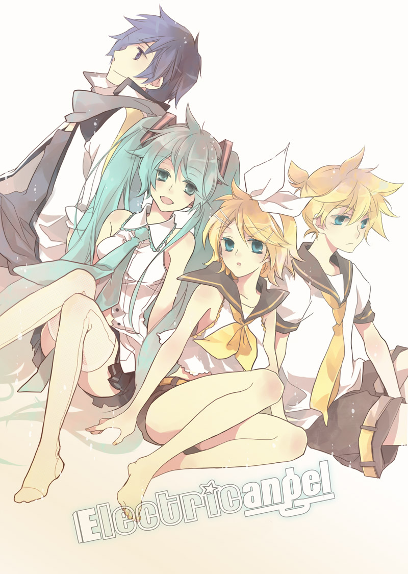 jonejung, hatsune miku, kagamine len, kagamine rin, kaito (vocaloid), vocaloid, bad id, bad pixiv id, 2boys, 2girls, aqua eyes, aqua hair, blonde hair, blue eyes, blue hair, hair ornament, hair ribbon, hairclip, long hair, multiple boys, multiple girls, necktie, ribbon, sailor collar, scarf, short hair, shorts, siblings, sitting, smile, thighhighs, twins, twintails