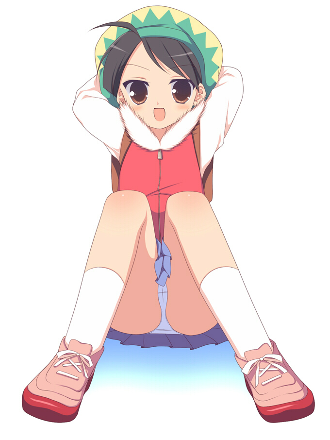 sumii, seki tomari, potemayo, bad id, bad pixiv id, 00s, 1girl, aged down, ahoge, androgynous, arms behind back, black hair, brown eyes, female focus, hat, loli, open mouth, panties, pantyshot, shoes, short hair, smile, solo, underwear