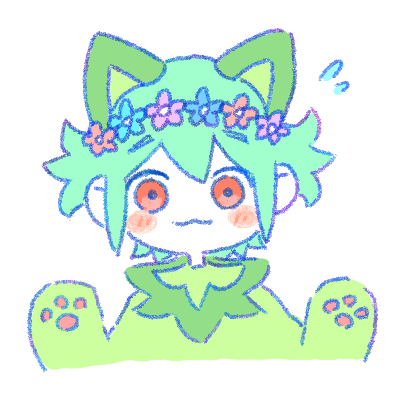 sun iiinu, basil (headspace) (omori), basil (omori), sprigatito, nintendo, omori, pokemon, 1boy, blush, closed mouth, colored skin, cosplay, flower, flower wreath, flying sweatdrops, green hair, head wreath, looking at viewer, male focus, red eyes, sidelocks, simple background, smile, solo, sprigatito (cosplay), upper body, white background, white skin