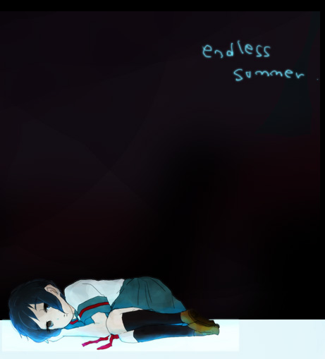 cai, nagato yuki, suzumiya haruhi no yuuutsu, bad id, bad pixiv id, 00s, dark, lying, school uniform, serafuku, short hair, solo