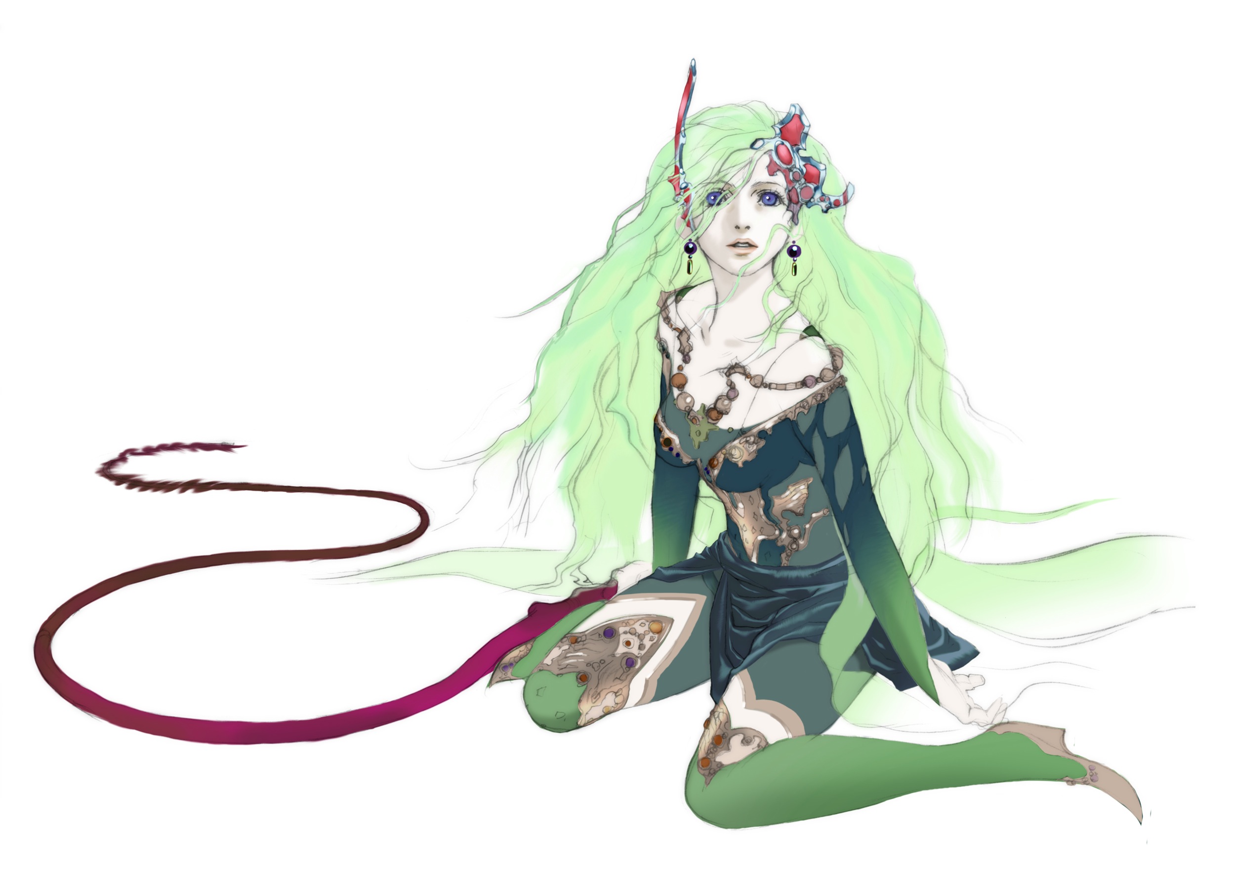 oguro akira, rydia (adult) (ff4), rydia (ff4), final fantasy, final fantasy iv, final fantasy iv: the after years, highres, official art, 1990s (style), 1girl, aged up, bare shoulders, blue eyes, boots, earrings, female focus, full body, green boots, green hair, jewelry, long hair, retro artstyle, solo, thighhighs, whip, white background