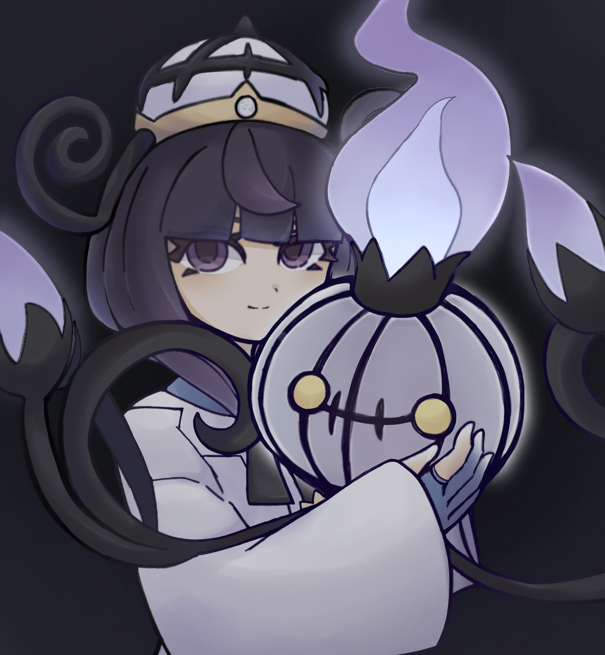 suzu (pixiv 32232702), chandelure, gwynn (pokemon), nintendo, pokemon, pokemon legends: z-a, highres, 1girl, black background, black hair, blue gloves, blunt bangs, bob cut, chandelier, closed mouth, coat, colored sclera, fire, gen 5 pokemon, gloves, gradient hair, hat, long sleeves, looking at viewer, multicolored hair, partially fingerless gloves, pokemon (creature), purple eyes, purple fire, purple hair, short hair, simple background, smile, white coat, yellow eyes, yellow sclera