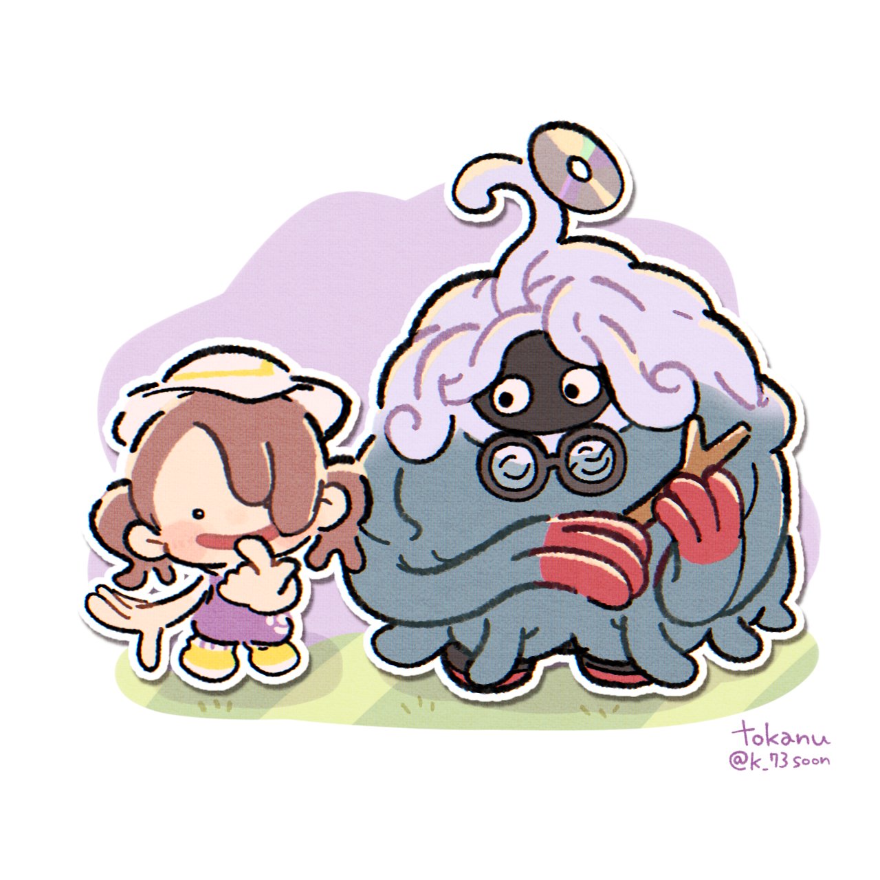 tyokamaru, ditto, female protagonist (pokemon pokopia), tangrowth, transformed ditto, nintendo, pokemon, pokemon pokopia, highres, 1girl, blush, blush stickers, broken eyewear, brown hair, crack, disc, full body, gen 1 pokemon, gen 4 pokemon, glasses, hat, holding, holding stick, open mouth, plant, pokemon (creature), pokemon focus, professor tangrowth, purple shirt, round eyewear, shirt, shoes, short sleeves, smile, stick, tm (pokemon), twintails, vines, white hat, yellow shoes