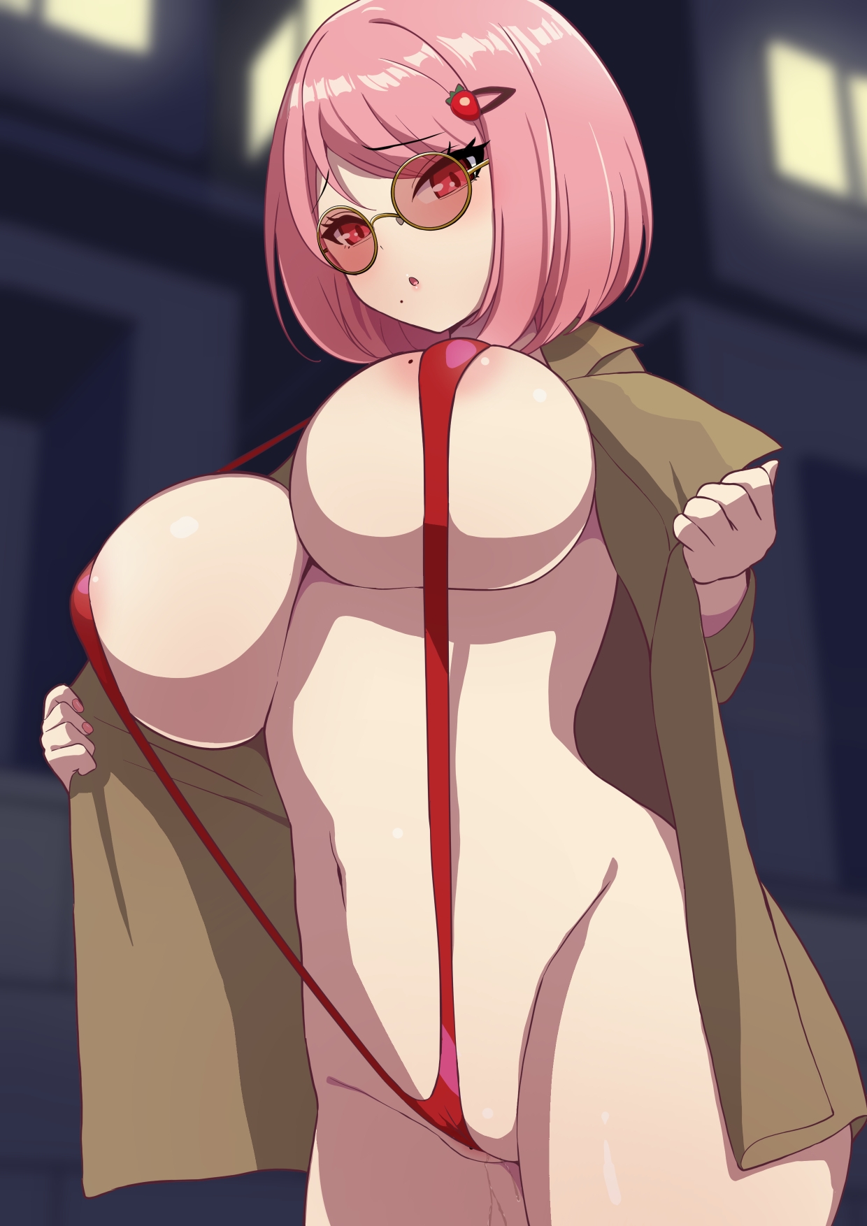 sakamata (sakamata4), original, highres, 1girl, areola slip, blurry, blurry background, blush, bob cut, breasts, brown coat, coat, exhibitionism, fingernails, food-themed hair ornament, glasses, groin, hair ornament, hairclip, large breasts, long sleeves, looking at viewer, medium hair, mole, mole on areola, mole on breast, mole on pussy, mole under eye, mole under mouth, nail polish, navel, night, open clothes, open coat, open mouth, outdoors, pink-tinted eyewear, pink eyes, pink hair, pink lips, pink nails, public indecency, pussy juice, red slingshot swimsuit, round eyewear, slingshot swimsuit, solo, stomach, strawberry hair ornament, swimsuit, thighs, tinted eyewear, yellow-framed eyewear