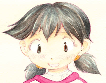 wabiru, ootani yuri, alien nine, colored pencil (medium), gouache (medium), lowres, painting (medium), traditional media, black hair, brown eyes, colored pencil, happy, pencil, solo, twintails