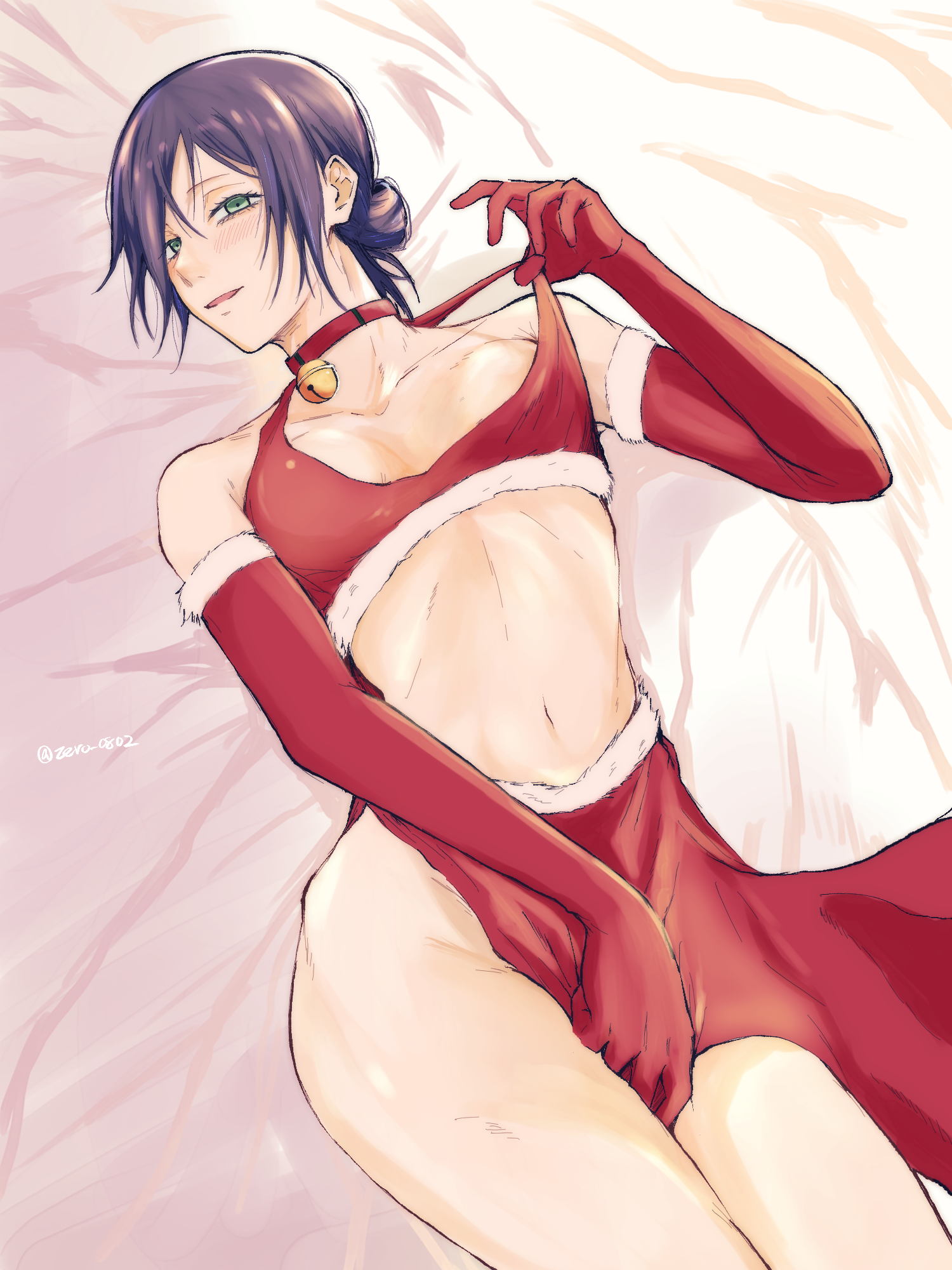 madaosw, reze (chainsaw man), chainsaw man, highres, 1girl, bell, bikini, breasts, choker, elbow gloves, fur-trimmed gloves, fur trim, gloves, green eyes, navel, neck bell, purple hair, red choker, red gloves, santa bikini, santa costume, small breasts, solo, swimsuit