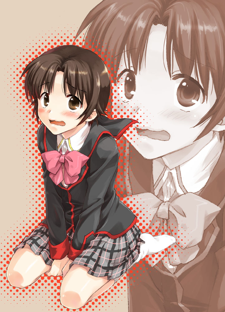 misaki juri, naoe riki, little busters!, 1boy, blush, bob cut, brown eyes, brown hair, crossdressing, crossdressing (mtf), kneeling, male focus, plaid clothes, plaid skirt, school uniform, short hair, skirt, solo, trap, zoom layer